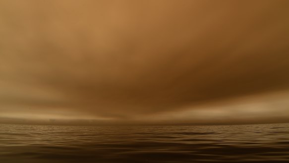 Smoke from fires at Cann River and Mallacoota fires seen across the water in Bass Strait.