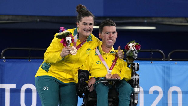 Daniel Michel and ramp assistant Ash McClure after winning Australia’s first boccia medals in 25 years. 