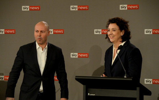 Kooyong candidates Josh Frydenberg and Monique Ryan at Hawthorn Town Hall on Thursday.