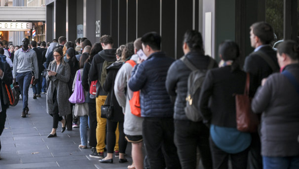 The long queue outside a pre-polling centre in Melbourne's CBD on Wednesday.