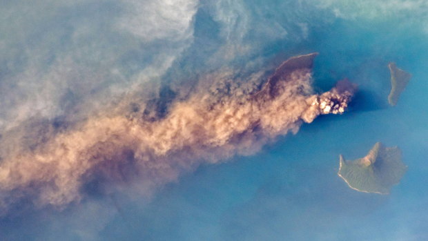 Photo taken by astronaut from the International Space Station shows Anak Krakatoa erupting volcanic ash.