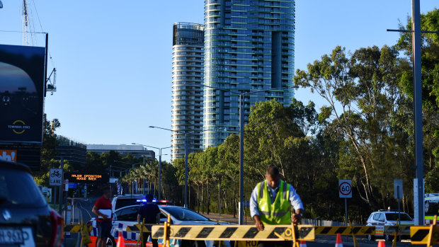 Roads were blocked off around the apartment on Monday afternoon.