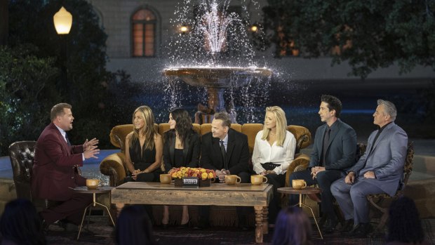 Friends, the reunion: James Corden with Jennifer Aniston, Courteney Cox, Matthew Perry, Lisa Kudrow, David Schwimmer and Matt LeBlanc. 