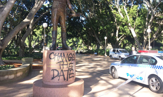 This statue of governor Lachlan Macquarie was the target of a graffiti attack in 2017.