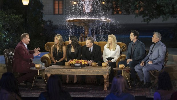 James Corden with Jennifer Aniston, Courteney Cox, Matthew Perry, Lisa Kudrow, David Schwimmer and Matt LeBlanc at the filming of Friends: The Reunion.