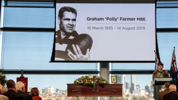 Dr Richard Walley performs the Welcome to Country during the State Funeral for Graham "Polly" Farmer at Optus Stadium in Perth.