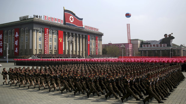 North Korean soldiers march across Kim Il-sung Square during a military parade in Pyongyang, to celebrate the 105th birth anniversary of Kim Il-sung, the country's late founder and grandfather of current ruler Kim Jong-un. 