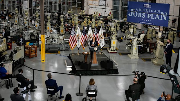 Jobs, jobs, jobs: Vice-President Kamala Harris speaks at Guilford Technical Community College in Jamestown, North Carolina. 