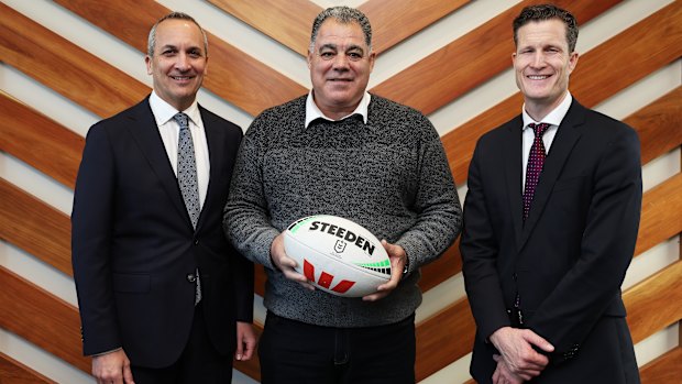 NRL CEO Andrew Abdo with Bears coach Mal Meninga and CEO Anthony De Ceglie.