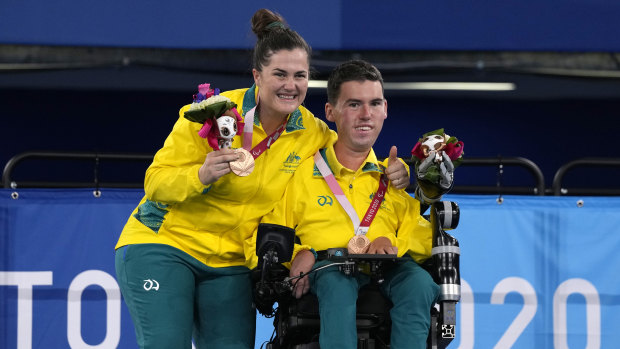 Daniel Michel and ramp assistant Ash McClure after winning Australia’s first boccia medals in 25 years on Wednesday. 