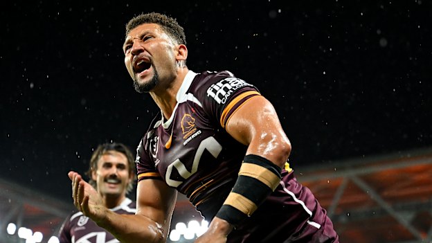 Gehamat Shibasaki celebrates a try for Brisbane.