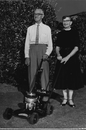 “Mr. and Mrs. Richardson with one of their Victa Lawnmowers. April 13, 1956.” 