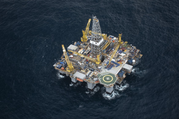 The Ocean Onyx drill rig, which is being used by oil and gas producer Beach Energy in the Otway Basin, off Victoria’s coast.