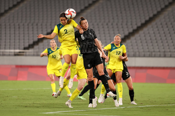 Sam Kerr scores for Australia during the Matildas’ match against New Zealand in Tokyo on Wednesday.