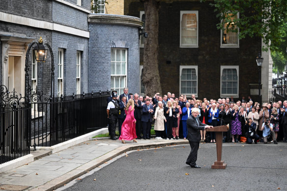 Boris Johnson was surrounded by staff and family as he gave his farewell address. 