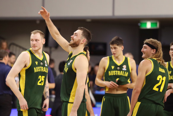 Nick Kay celebrates after the Boomers beat Kazakhstan on Sunday.