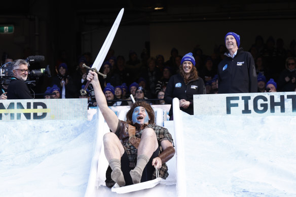 David Neitz goes down the slide as Braveheart.