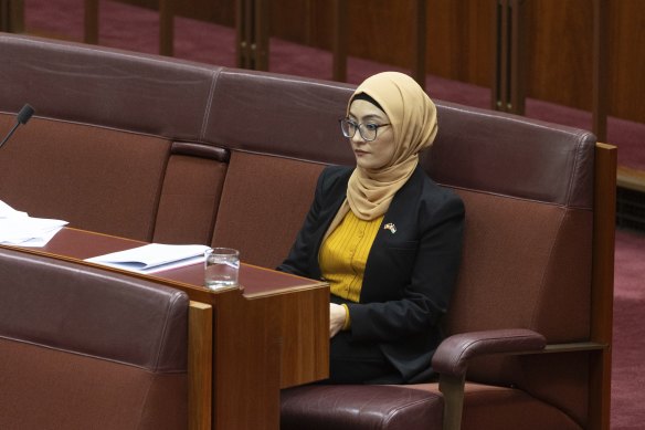 Independent senator Fatima Payman sits alone in the Senate this afternoon.