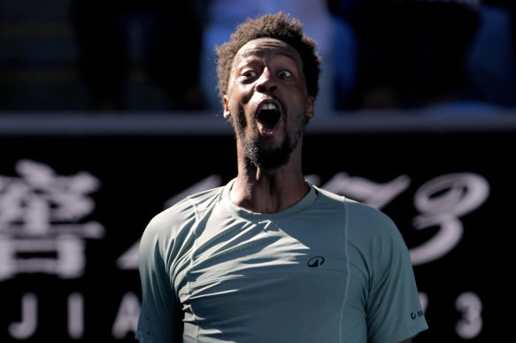 Gael Monfils reacts after beating world No. 4 Taylor Fritz.