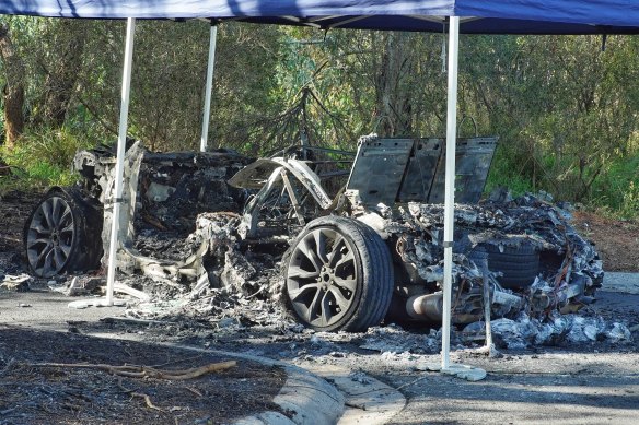 A car destroyed by fire at Westmeadows  in October 2023.