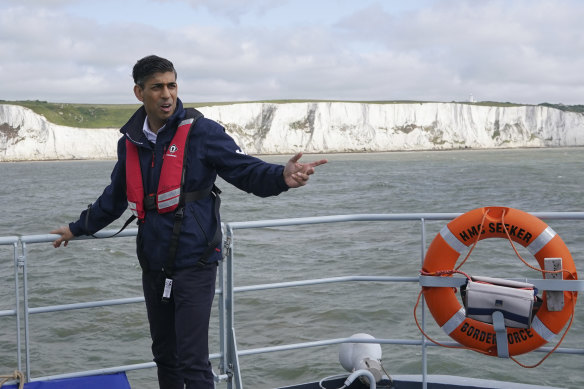 Britain’s Prime Minister Rishi Sunak on board a Border Agency vessel during a visit to Dover, England, in June as part of his “Stop the boats” campaign.
