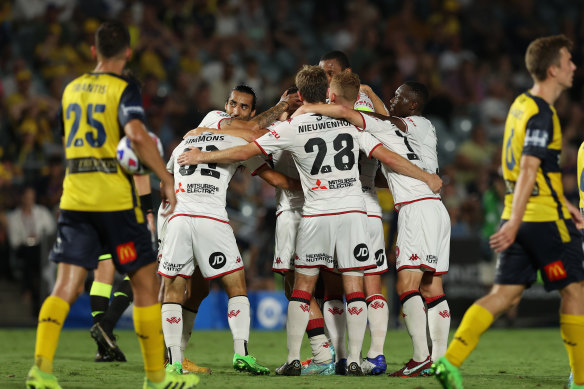 The Wanderers celebrate Brandon Borello’s goal against the Mariners.