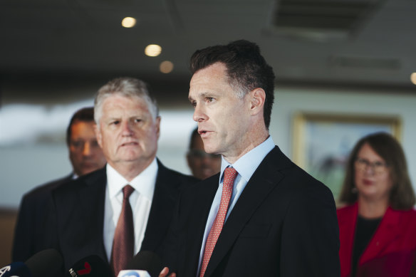 NSW Premier Chris Minns with ATC chair Peter McGauran announcing the plan to develop Rosehill Racecourse into a “mini-city” for 25,000 new homes in December last year.