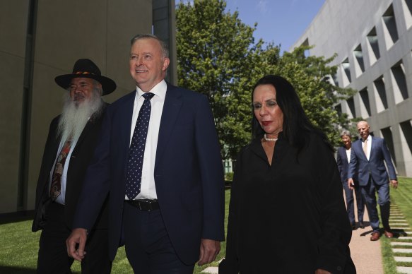 Labor’s Pat Dodson, Anthony Albanese and Linda Burney on their way to attend a ministerial statement to mark the anniversary of the National Apology to the Stolen Generations.