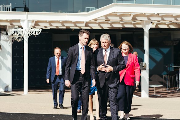 Premier Chris Minns and Australian Turf Club chairman Peter McGauran announced the potential Rosehill deal in December 2023.