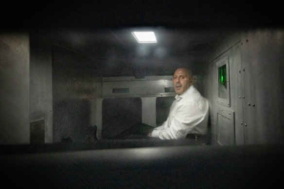 Tony Mokbel leaves the County Court in a prison van on February 6.