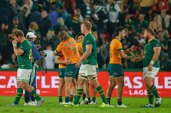 The Wallabies celebrate after their epic win at Ellis Park on Saturday.