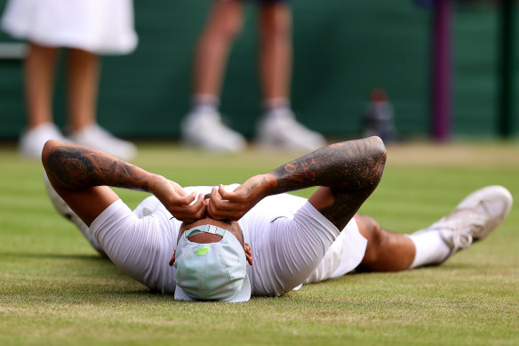 Kyrgios celebrates match point in his victory over Cristian Garin.