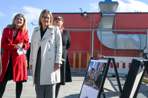 Premier Jacinta Allan and Planning Minister Sonya Kilkenny discuss housing (left) at Docklands in May.