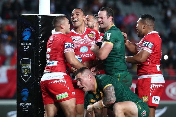 Will Hopoate celebrates a try for Tonga against Australia back in 2019
