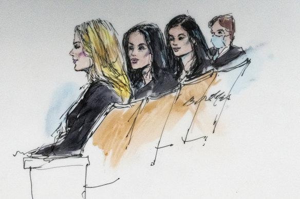 In this courtroom artist sketch, Khloe Kardashian, from left, Kim Kardashian, Kylie Jenner and Kris Jenner sit in court in Los Angeles.