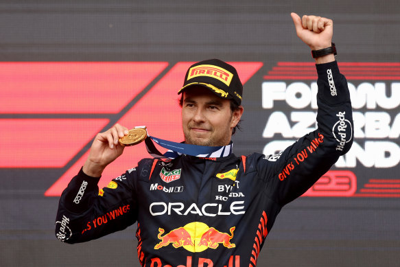 Mexican Sergio Perez after winning the Azerbaijan Grand Prix on Sunday.