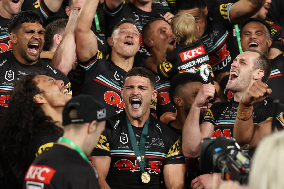 Nathan Cleary celebrates with his teammates after the grand final.