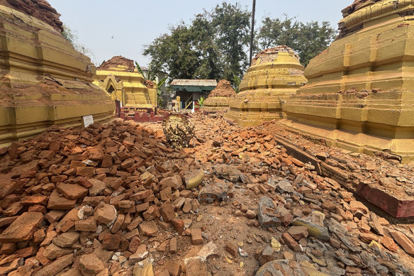 Damaged pagodas are seen in Naypyitaw, Myanmar after the earthquake.