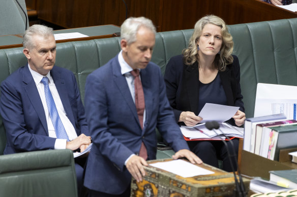 Immigration Minister Andrew Giles (centre) and Home Affairs Minister Clare O’Neil (right) in parliament pushing through the migration amendment in the wake of the High Court decision, as Leader of the House Tony Burke listens in. 
