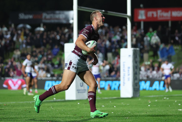 Daly Cherry-Evans crosses for Manly’s third try.
