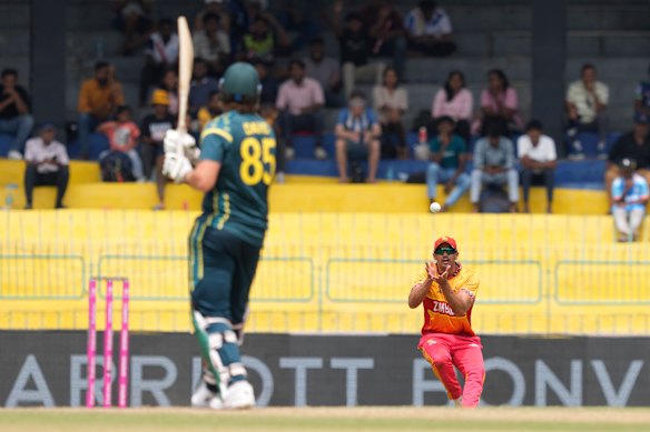 Tim David lobs the ball into the waiting hands of Zimbabwe’s Graeme Cremer.