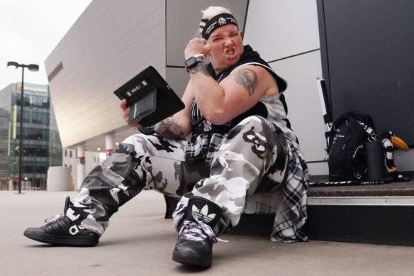 Magpies fan outside Marvel Stadium on Friday night.