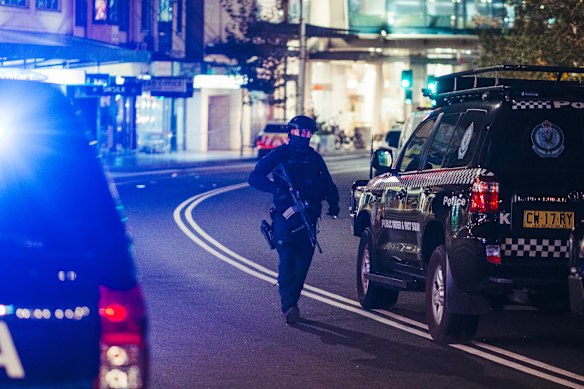 The streets outside Westfield Bondi Junction in lockdown on the night of the attack.