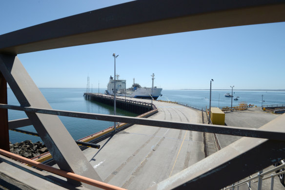 A liquid hydrogen carrier moored at the Port of Hastings in Victoria.