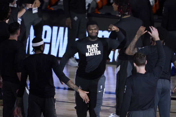 Pelicans star Zion Williamson warms up in a Black Lives Matter shirt.