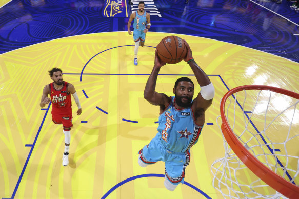 Kyrie Irving takes flight during the NBA All-Star game earlier this month.