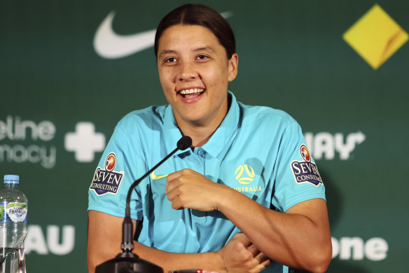 Sam Kerr was in a positive mood for the Matildas’ press conference in Brisbane on Saturday.