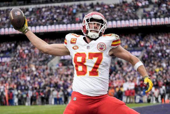 Travis Kelce celebrates a touchdown against the Baltimore Ravens during the AFC championship game. 