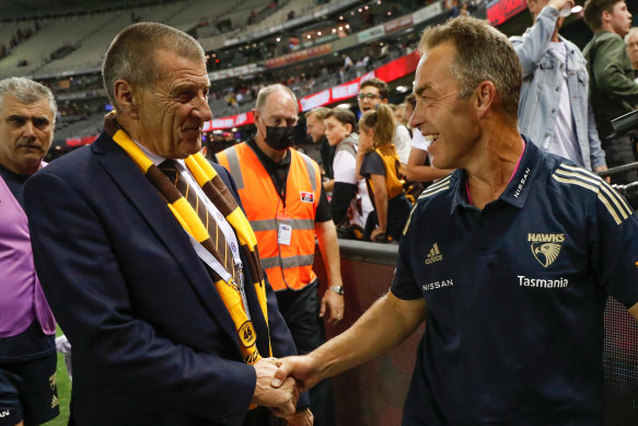 Hawthorn president Jeff Kennett, left, and outgoing coach Alastair Clarkson.