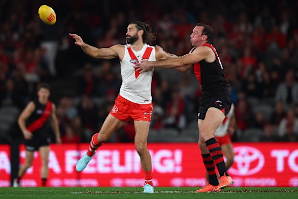 Brodie Grundy of the Swans and Todd Goldstein of the Bombers compete in the ruck.